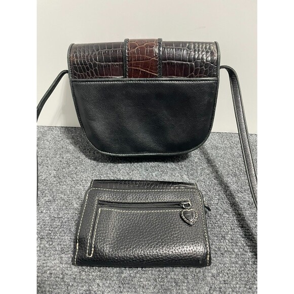 Vintage One World Brighton ChocBrown Croc-Embossed & Black Leather Crossbody Bag - Picture 4 of 12